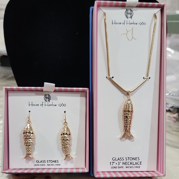 🔹️House of Harlow🔹️1960 Gold Sardine Fish Necklace and Earrings Set Bundle - Picture 2 of 5